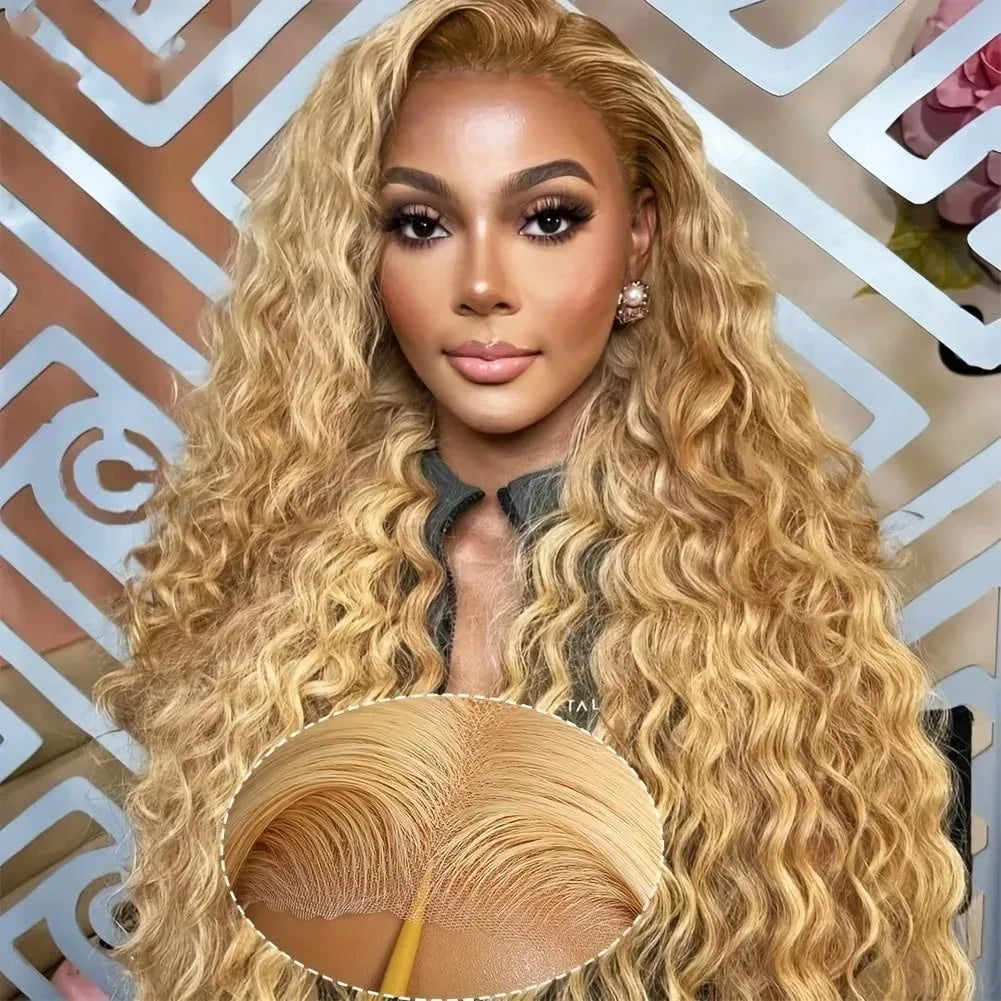 #27 Colored Loose Deep Wave Lace Front Wigs Human Hair Honey Blonde 13x6 HD Transparent Lace Frontal Wigs Curly Wigs 260 Density