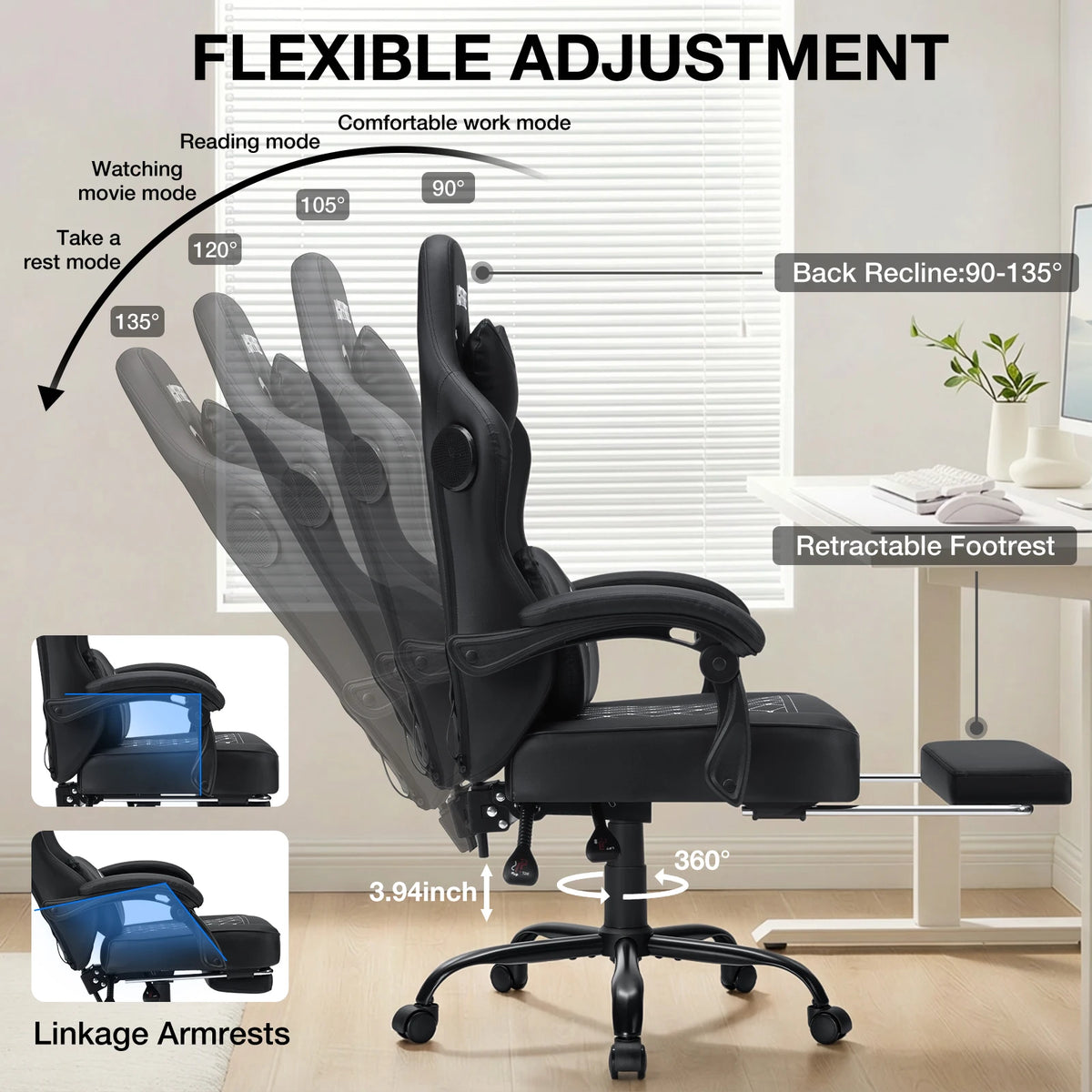 Hoffree Reclining Gaming Chair Featuring Speakers And Massage