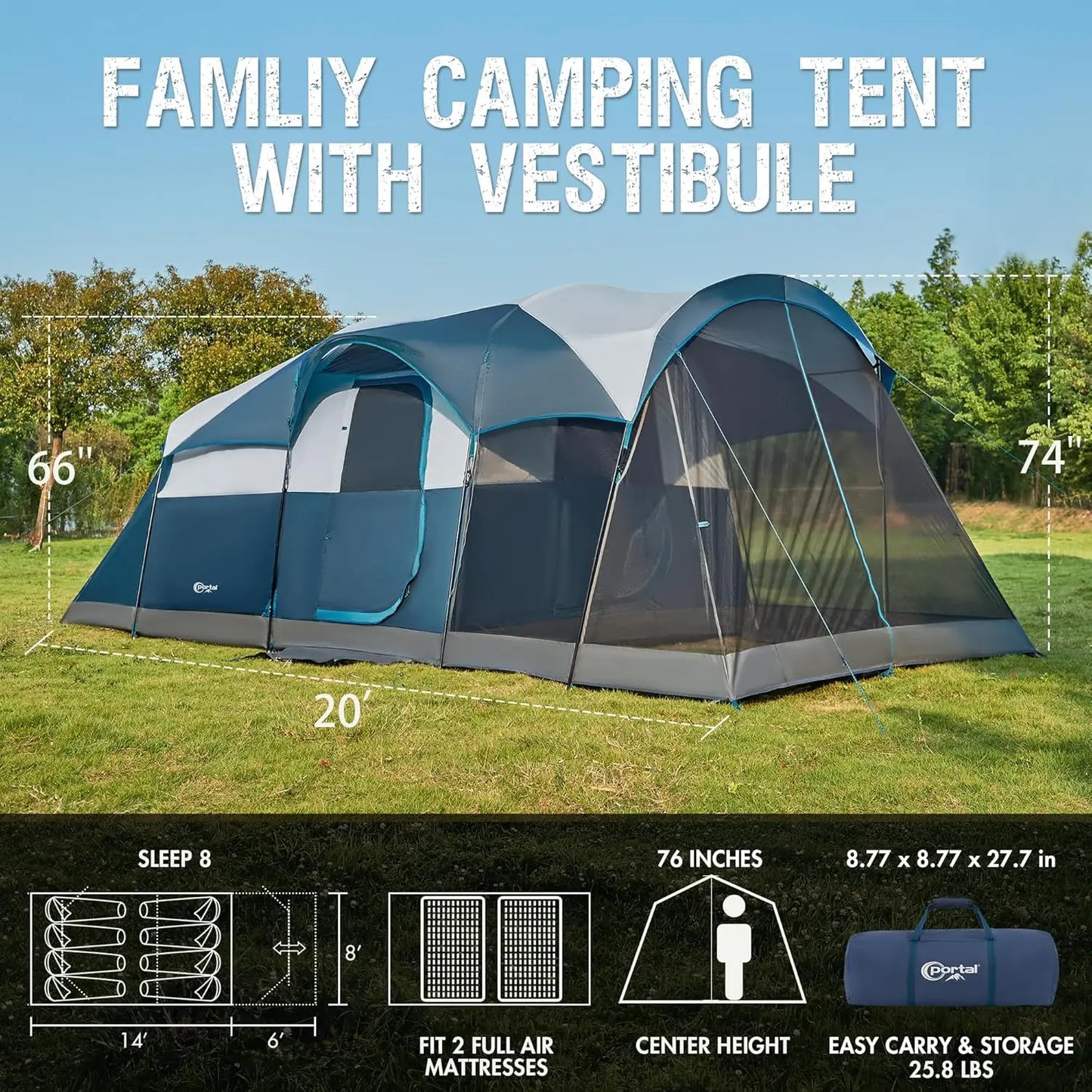 6/8/10 Person Family Camping Tent with Screen Room, Water Resistant Big Tunnel Tents with Rainfly, Large Family Tent for Camping