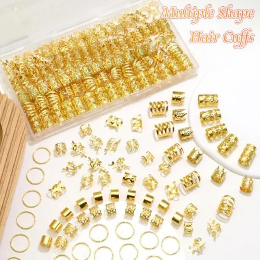 220PCS Gold Hair Jewelry Dreadlock Cuffs Braids Clips Metal Hair Cuff Rings Loc Charms Hair Beads Decorations Accessories for W