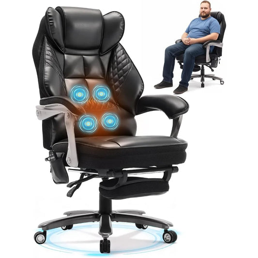 600LBS Big and Tall Office Chair with Massage and Heat, 23.5" Wide Leather Office Chair, Ergonomic Comfort 140° Reclining Chairs