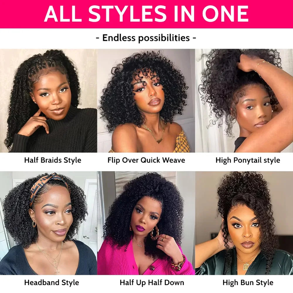 3 In 1 Human Hair Half Wig Glueless Drawstring Clip In Kinky Curly Headband Wig Natural Color Seamless Natural Looking For Women