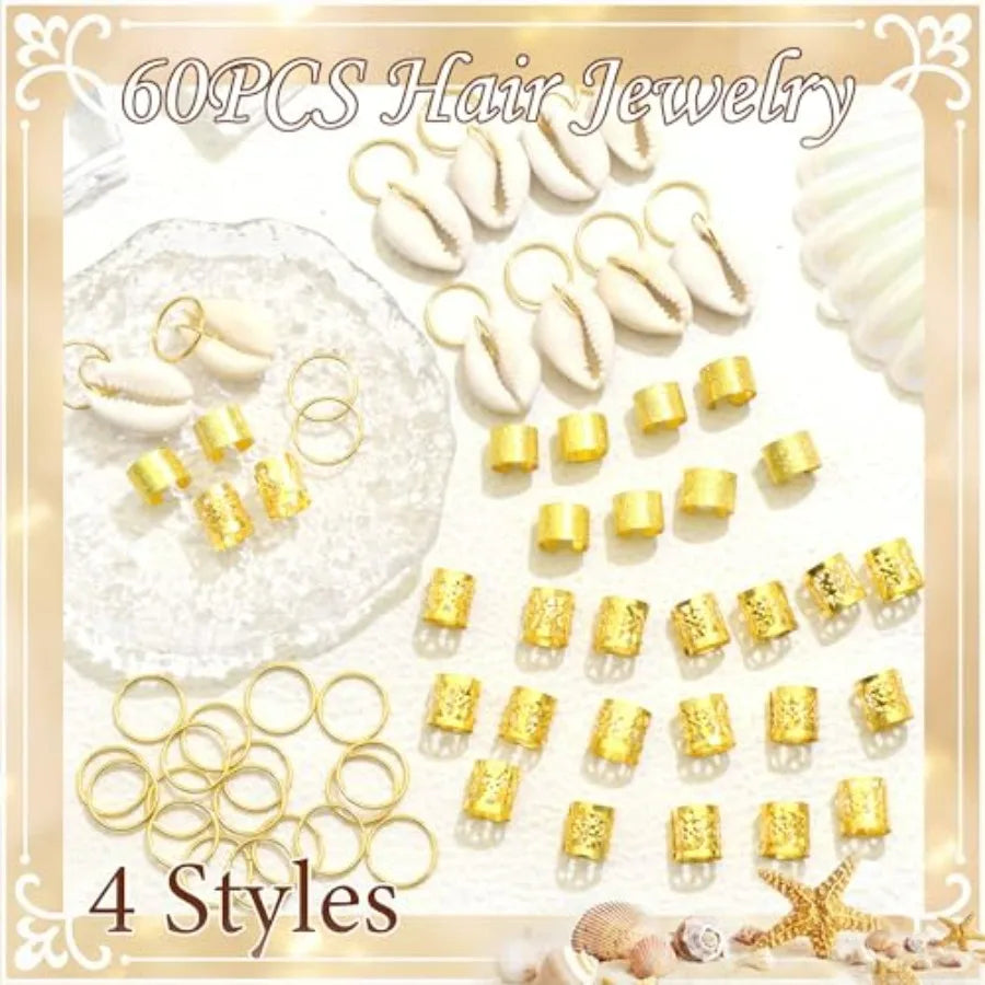 60PCS Shell Hair Jewelry for Braids Seashell Loc Charms Gold Hair Cuffs Rings Multi Styles Dreadlock Braid Clips Hair Accessori