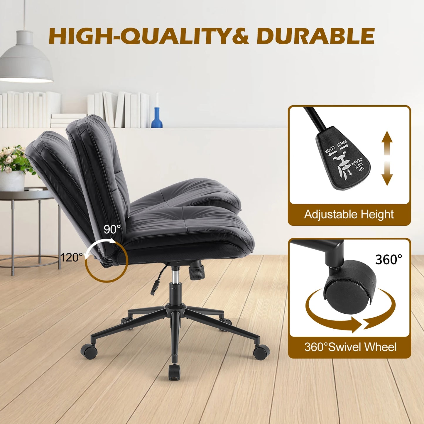 JHK Cross Legged PU Leather Office Chair with Wheels Armless Desk Chair Height Adjustable Swivel Wide Seating for Home Bedroom