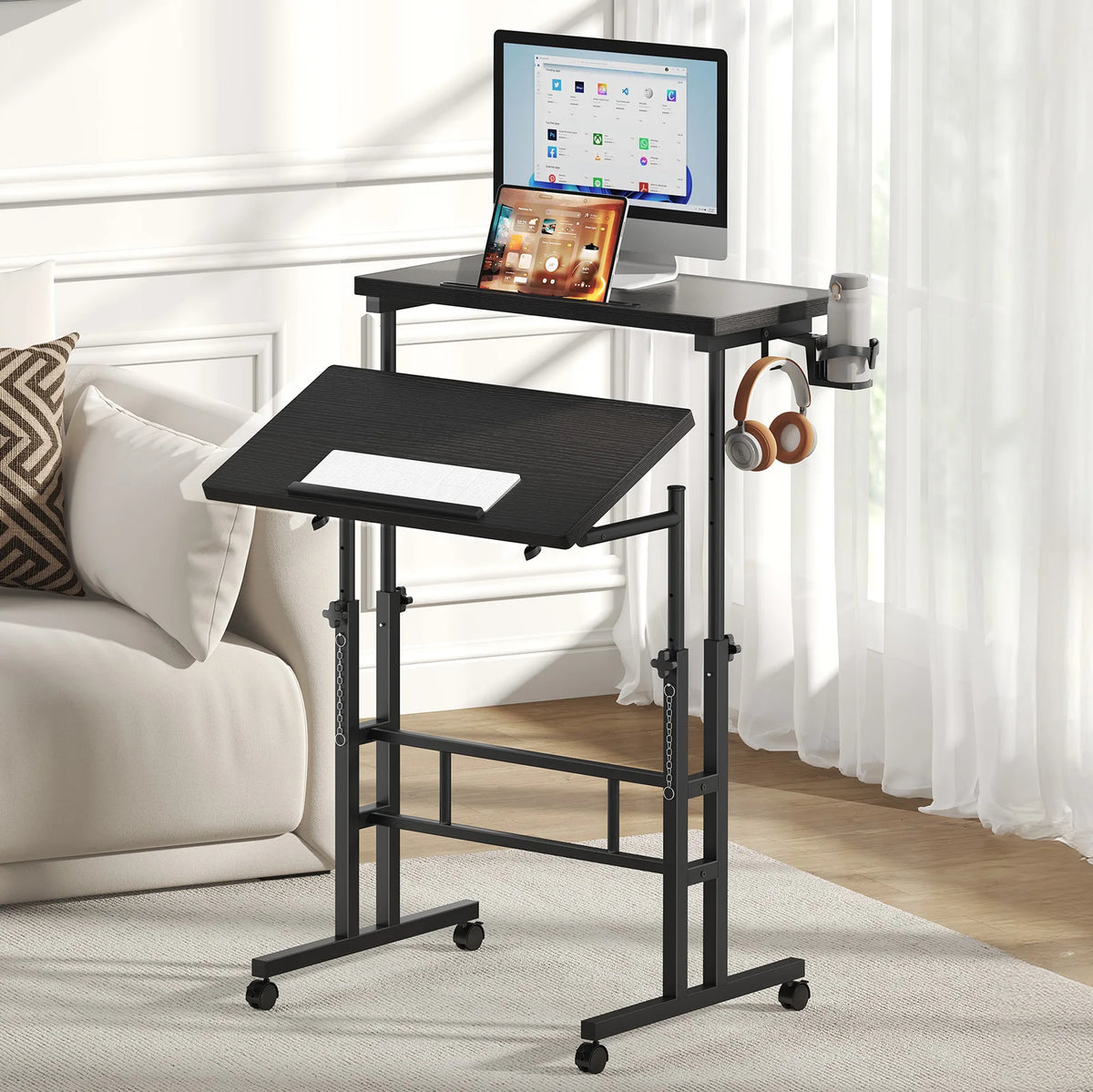MCQ 23.6 Inch Rolling Standing Computer Desk Mobile Ergonomic Height Adjustable Corner Gaming Desk Table for Home Office Workstation