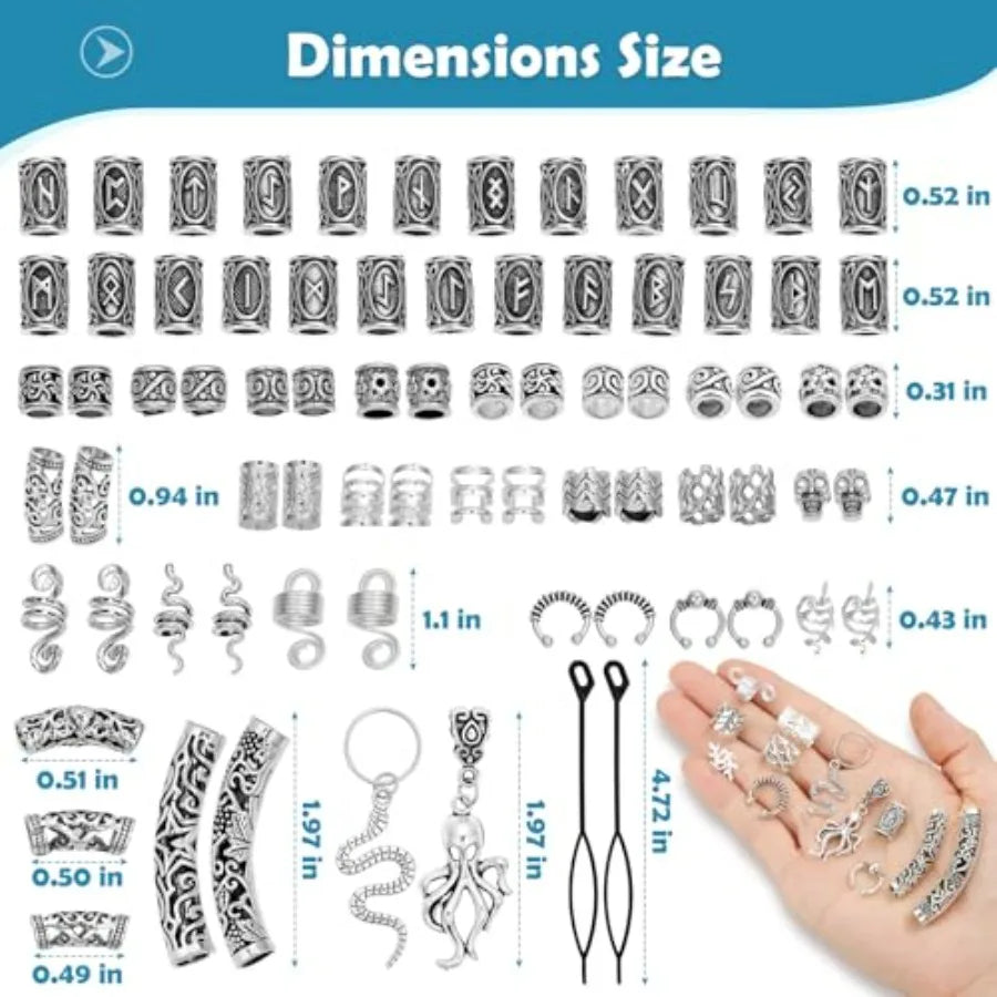 247Pcs Viking Hair Accessories Norse Runes Tube Beads Metal Cuffs Clips Rings, Dreadlock Beads Braids Locs Hair Jewelry Set for