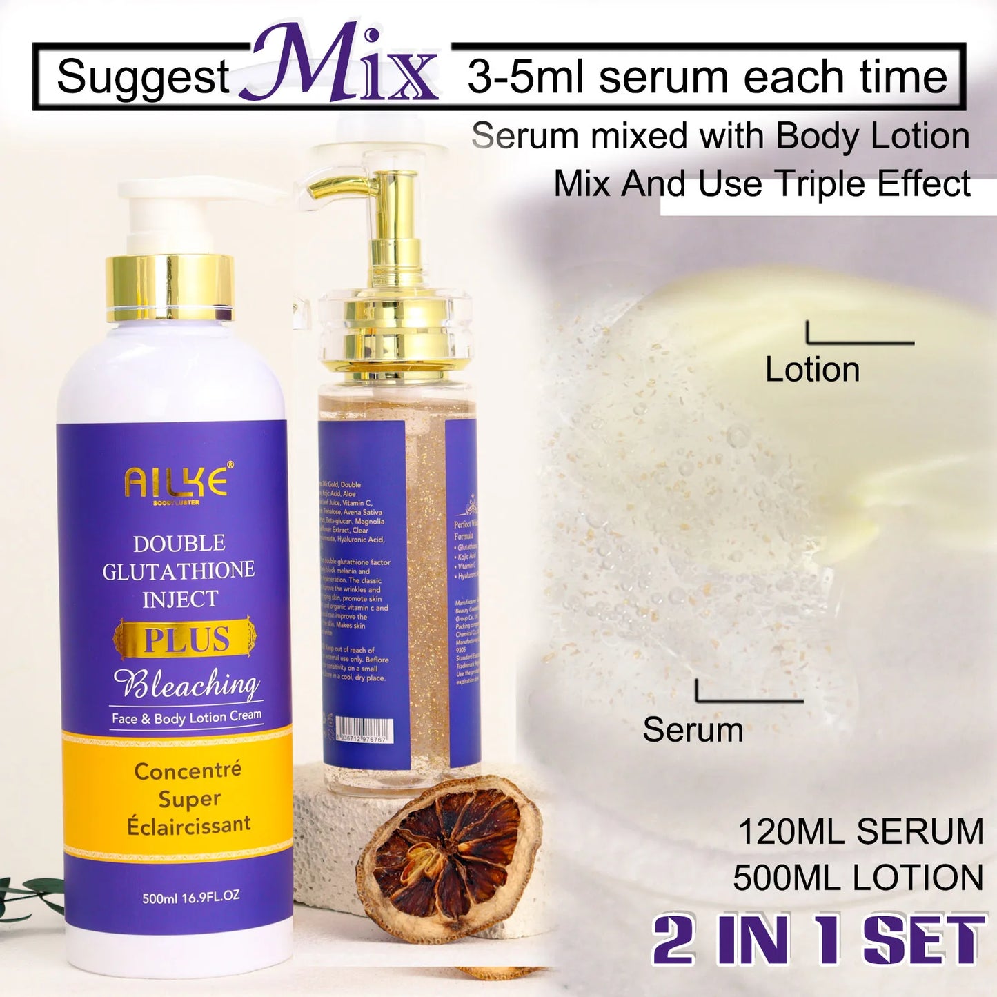 AILKE Whitening Lotion and Serum, Reduce Black Spots, Sun Spots, Melasma, Hyperpigmentation, Lighten Skin With Glutathione