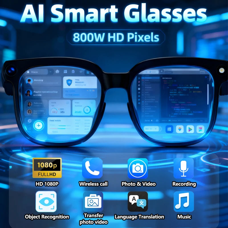 2026 New Video Shooting Smart Glasses, Two Standard Replacement Lenses, Photo And Video AI Glasses, 800W Pixel Ultra-Wide-Angle Camera, High-Definition Video 1080P, Photography And Video Stabilization, Dual Microphone Noise R
