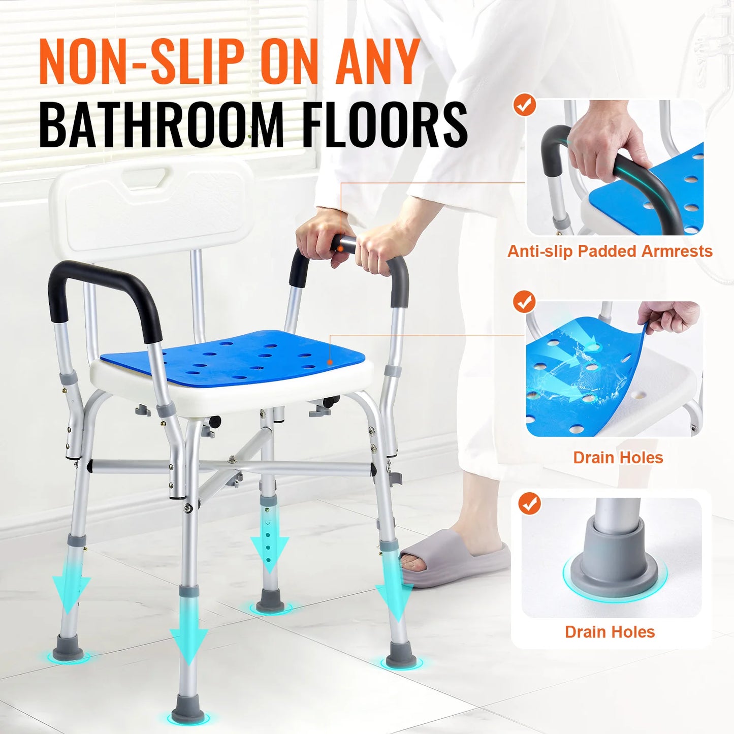 SucceBuy Shower Chair Seat with Padded Armrest and Back for Shower Bathtub Adjustable Height Bath Chair for Elderly Disabled