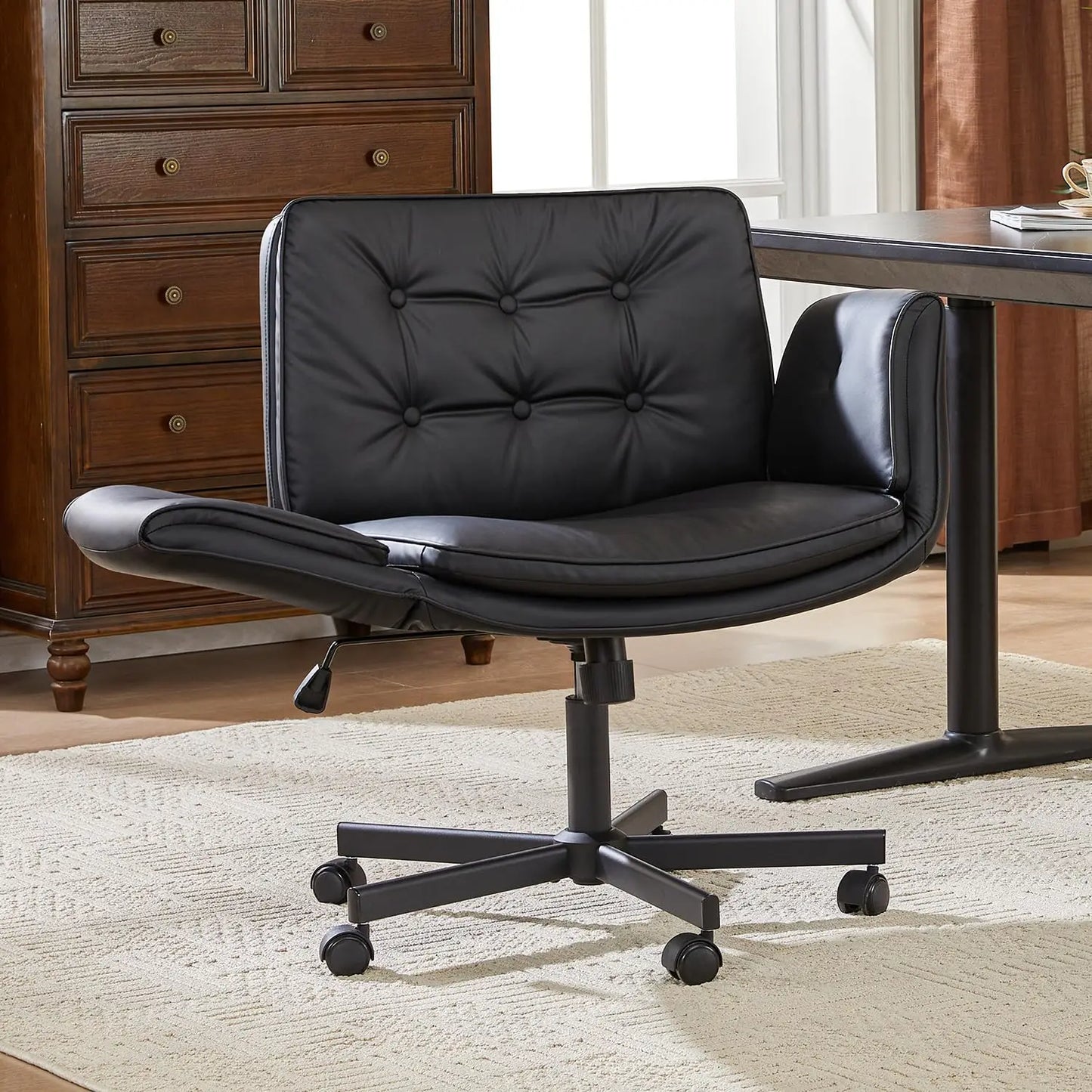 Criss Cross Chair With Armrests & Wheels, PU Leather Vanity Chair, Comfortable Adjustable Swivel Computer Office, Customized