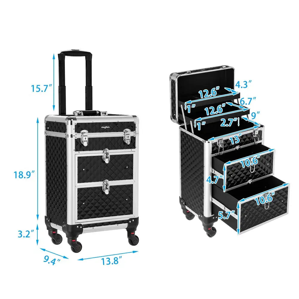 Portable Aluminum Rolling Makeup Case with Lock, Wheels & Drawers for Travel Organizer