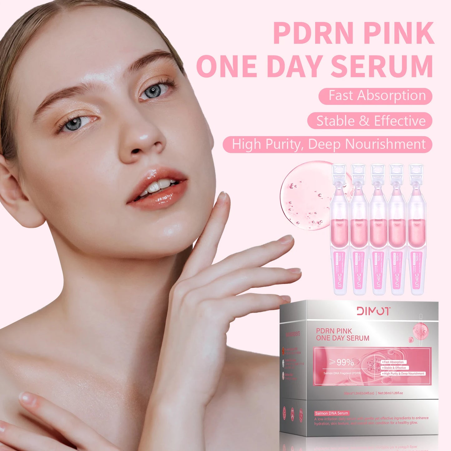 30pcs/Box PDRN Pink One Day Serum Deep Moisturizing,Repairs,Brightens,Reduces Sagging Skin Care Essence Multi-effect Benefits