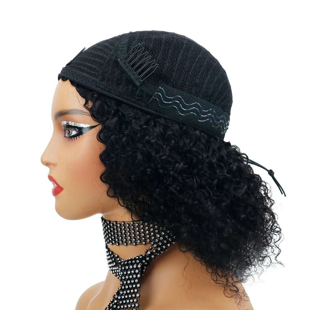 3 In 1 Human Hair Half Wig Glueless Drawstring Clip In Kinky Curly Headband Wig Natural Color Seamless Natural Looking For Women