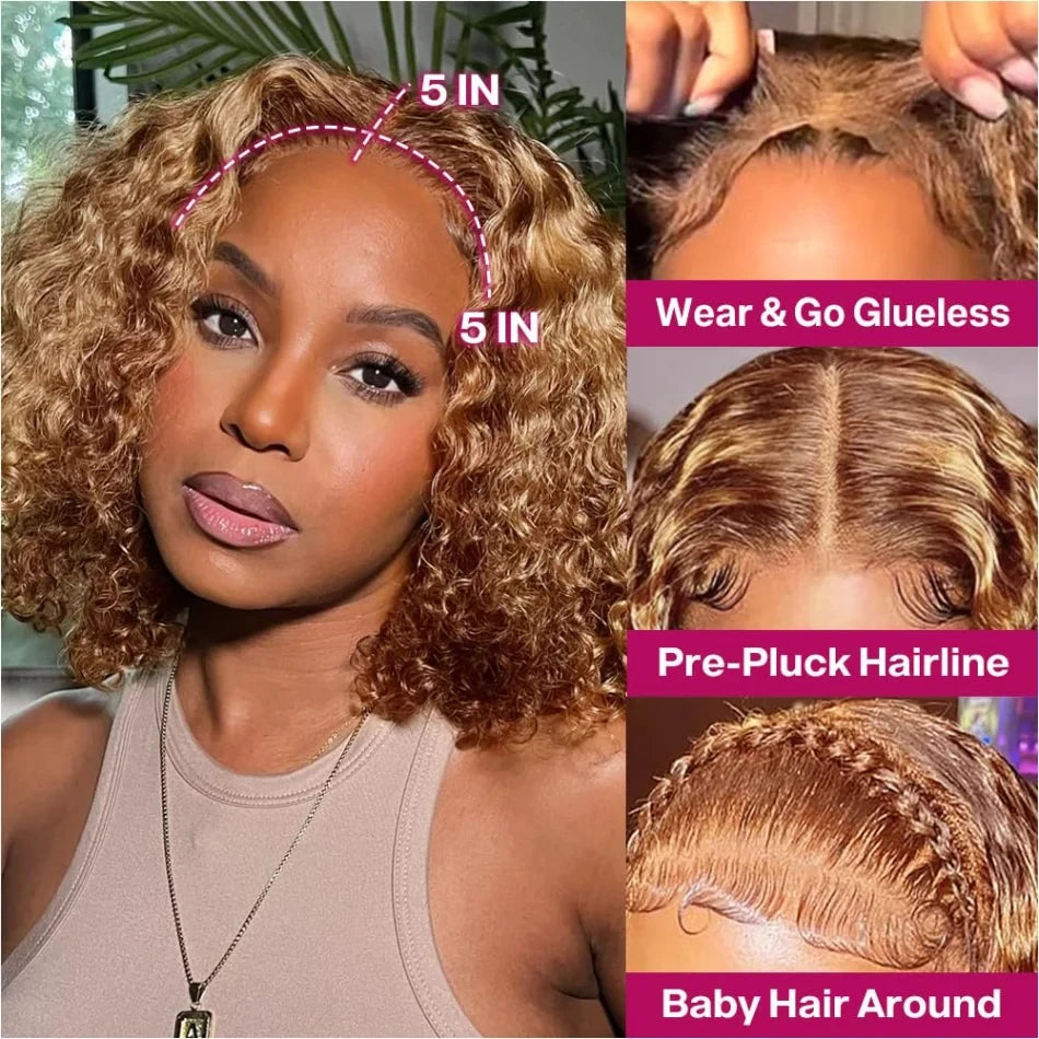 Highlight Ombre Curly Short Bob 13x4 HD Lace Front Honey Blonde 4/27 Deep Wave Bob Wig Human Hair Pre-cut Glueless 5x5 Lace Wigs