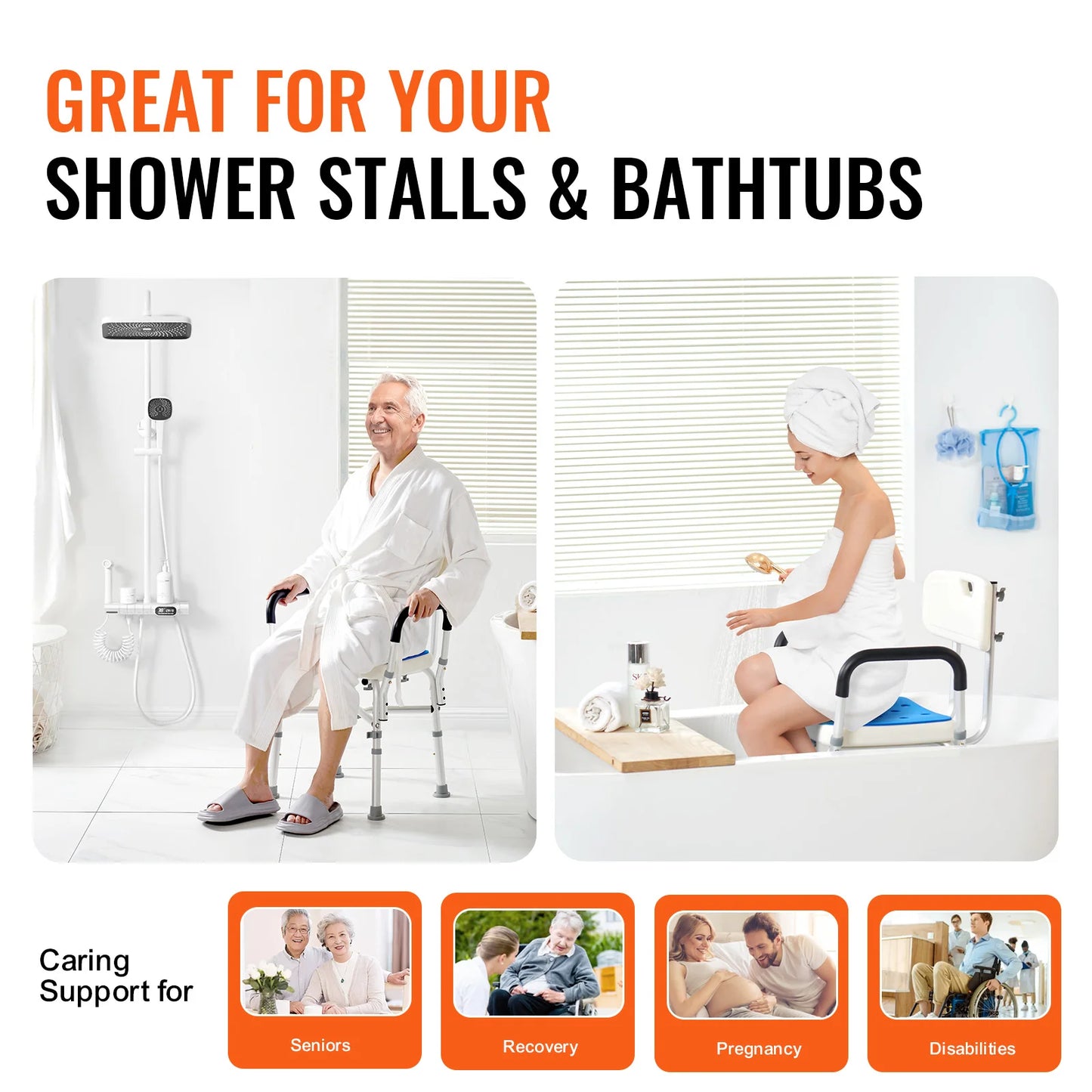 SucceBuy Shower Chair Seat with Padded Armrest and Back for Shower Bathtub Adjustable Height Bath Chair for Elderly Disabled