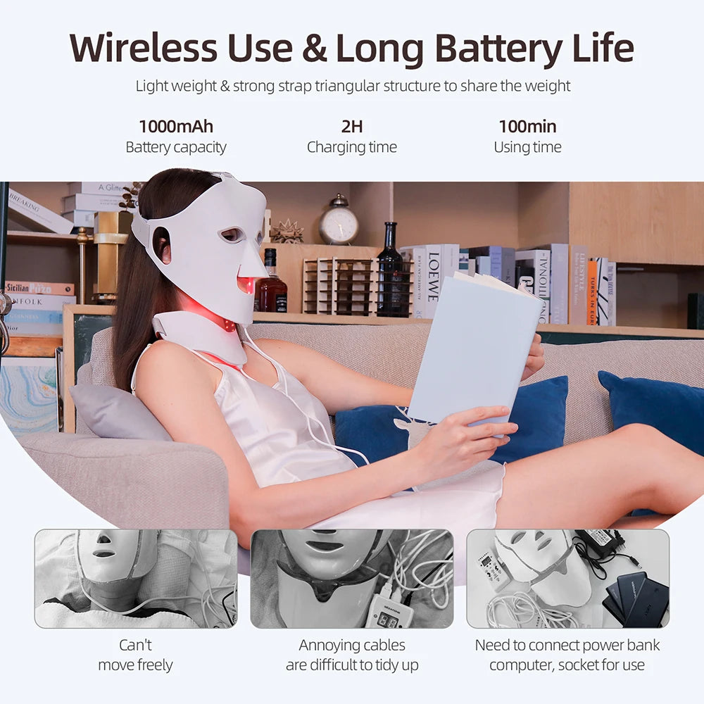 7 Colors Photon Face Neck LED Mask 3D Flexible Silicone Facial Beauty Mask Red Light Infrared Skin Care Repair Skin Wireless Use