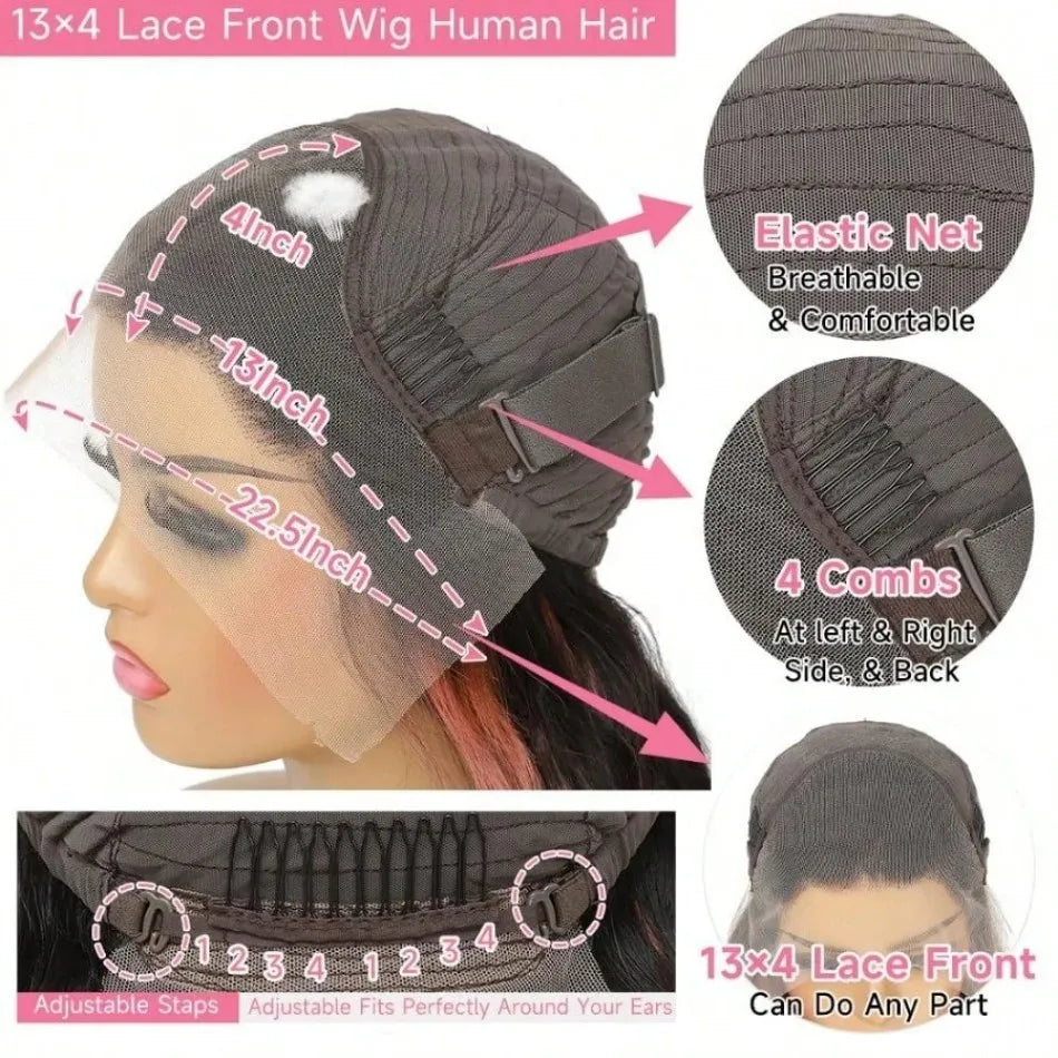 Pink Highlight Ombre Body Wave Human Hair Wigs 13x6 Hd Lace Frontal Wig Colored Pre Plucked Lace Front Wig 250 Density For Women
