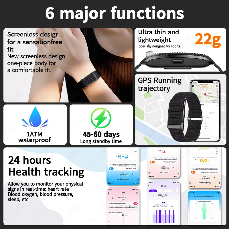 LIGE Screenless Smart Bracelet Heart Rate And Blood Pressure Monitor
