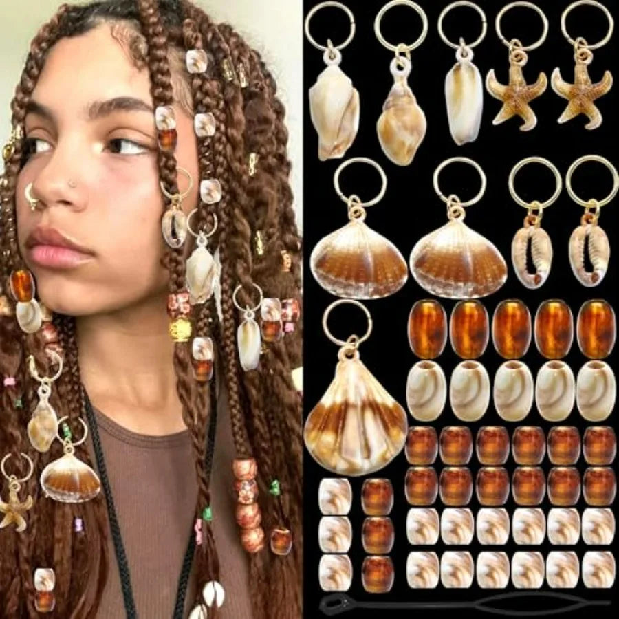 50PCS Shell Hair Jewelry for Braids Starfish Loc Dreadlock Charms Tansparent Brown White Braid Hair Tube Bead for Women