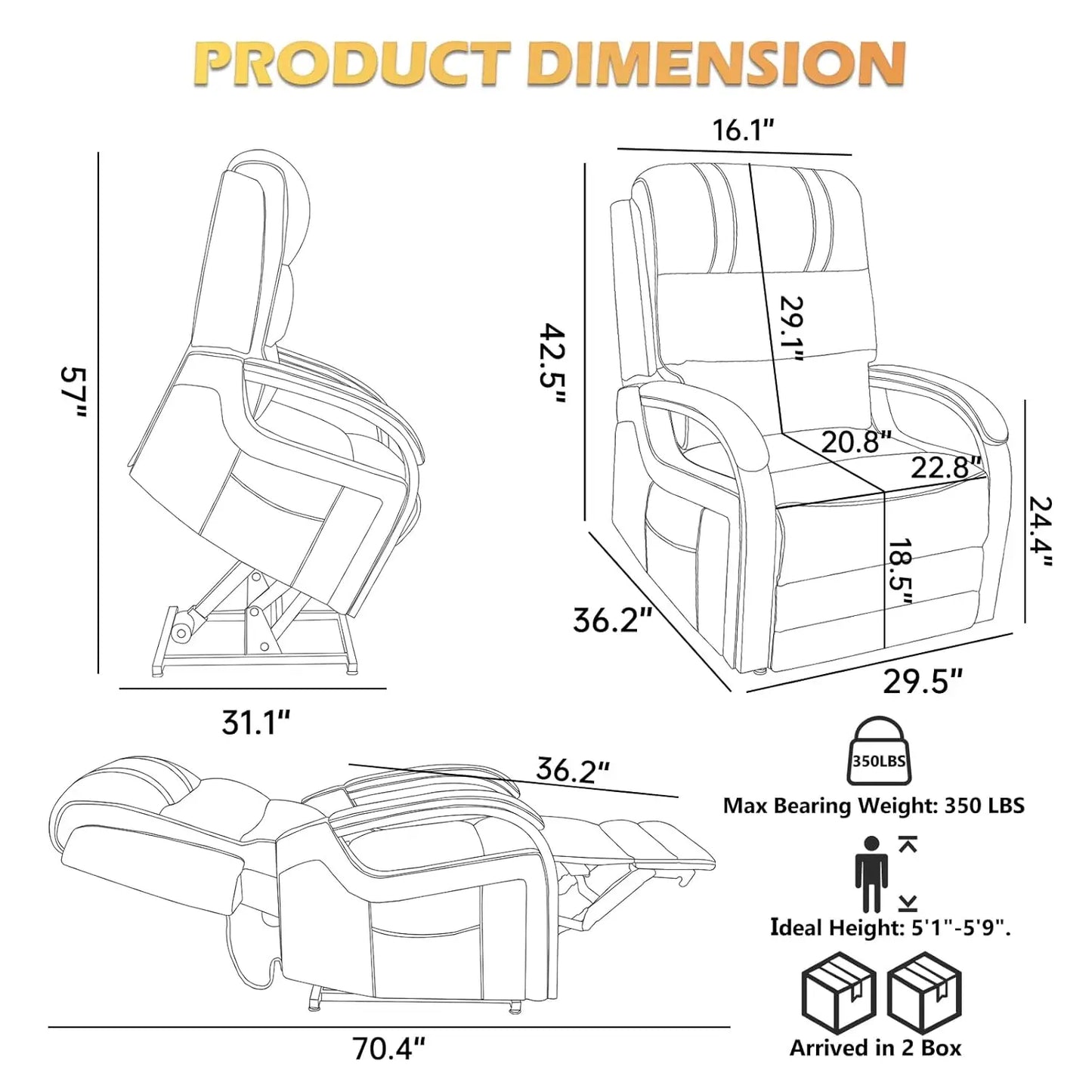 Dual Motor Power Lift Recliner Lay Flat Massage Heat Infinite Position Living Room Faux Leather, Customized