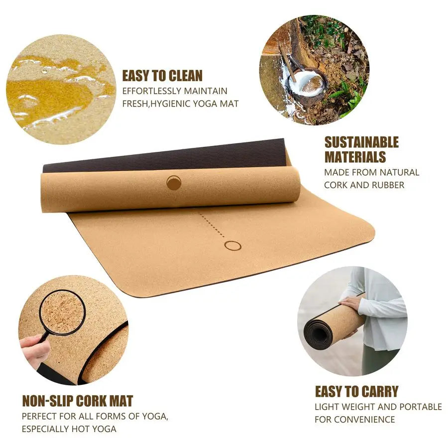 Yoga Mat, with Cork Material as The Front and TPE as The Bottom of The NonSlip Fitness Mat, Suitable for All Types of Yoga and F