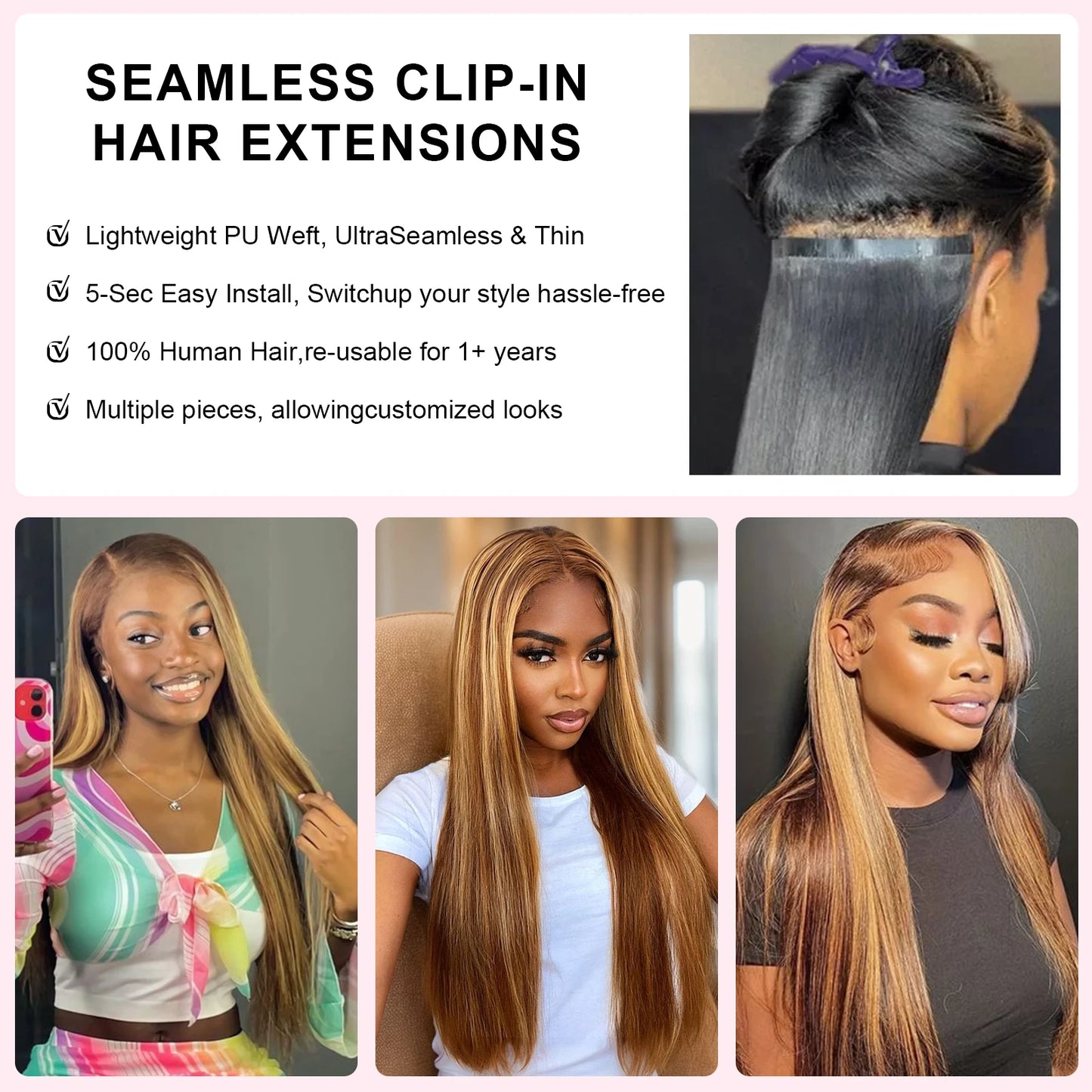 Highlight Ombre Clip In Hair Extensions Straight Human Hair 24 26Inch Colored 100% Human Hair 120g 9 Pcs/Set Extensions Clip Ins