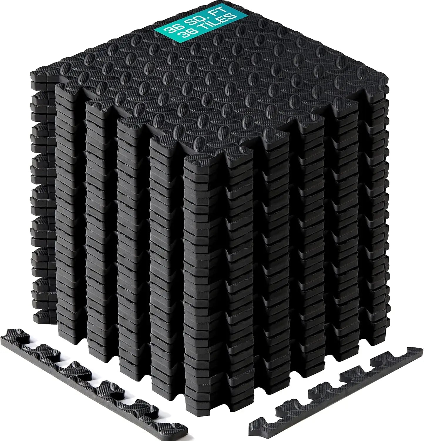 Interlocking Exercise Foam Mats with Border - Gym Floor Tiles, 36 Square Feet (36 Tiles) in Black