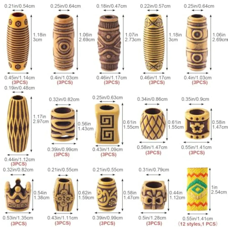 54 PCS Hair Jewelry Braids Fabric Dreadlock Beads Vintage Locks Hair Clips African Tube Beads Simulation Wood Dreadlock Accesso