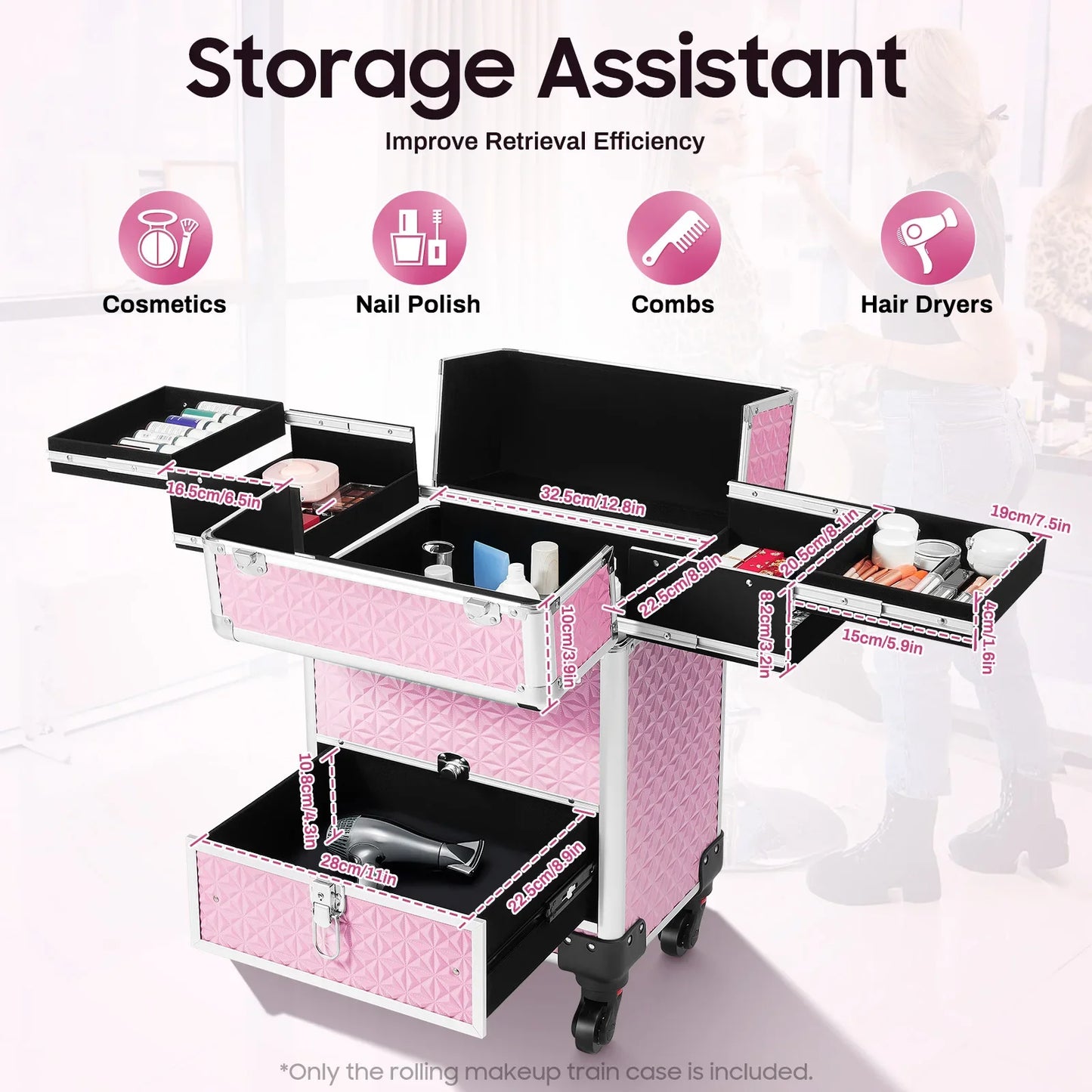 Rolling Makeup Train Case with Drawer and Nail Case for Manicure Storage, Ideal for Hair Stylists, Pet Groomers, Makeup Artists
