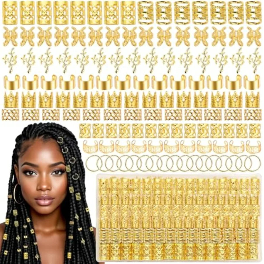 220PCS Gold Hair Jewelry Dreadlock Cuffs Braids Clips Metal Hair Cuff Rings Loc Charms Hair Beads Decorations Accessories for W