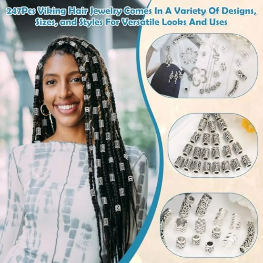 247Pcs Viking Hair Accessories Norse Runes Tube Beads Metal Cuffs Clips Rings, Dreadlock Beads Braids Locs Hair Jewelry Set for