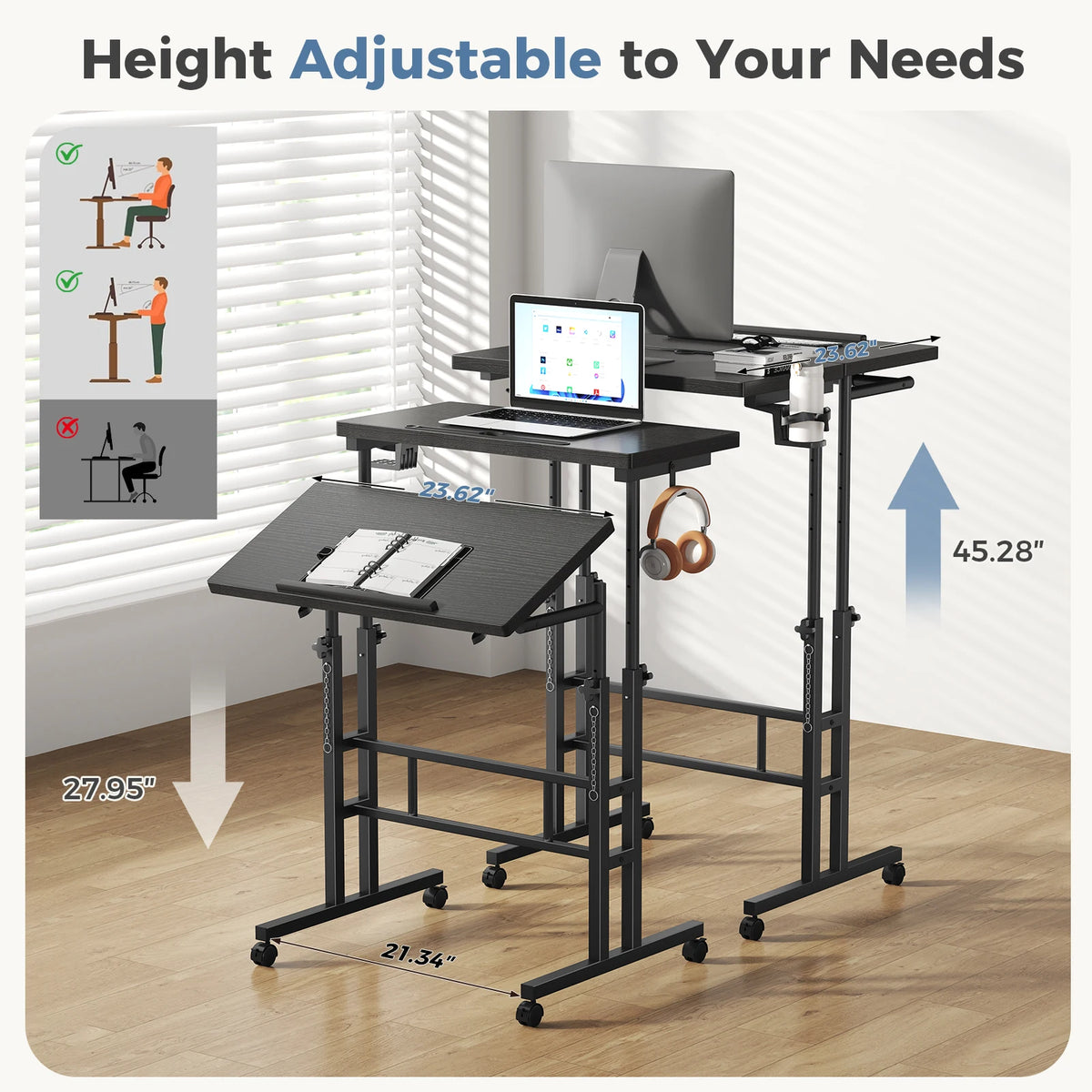 MCQ 23.6 Inch Rolling Standing Computer Desk Mobile Ergonomic Height Adjustable Corner Gaming Desk Table for Home Office Workstation