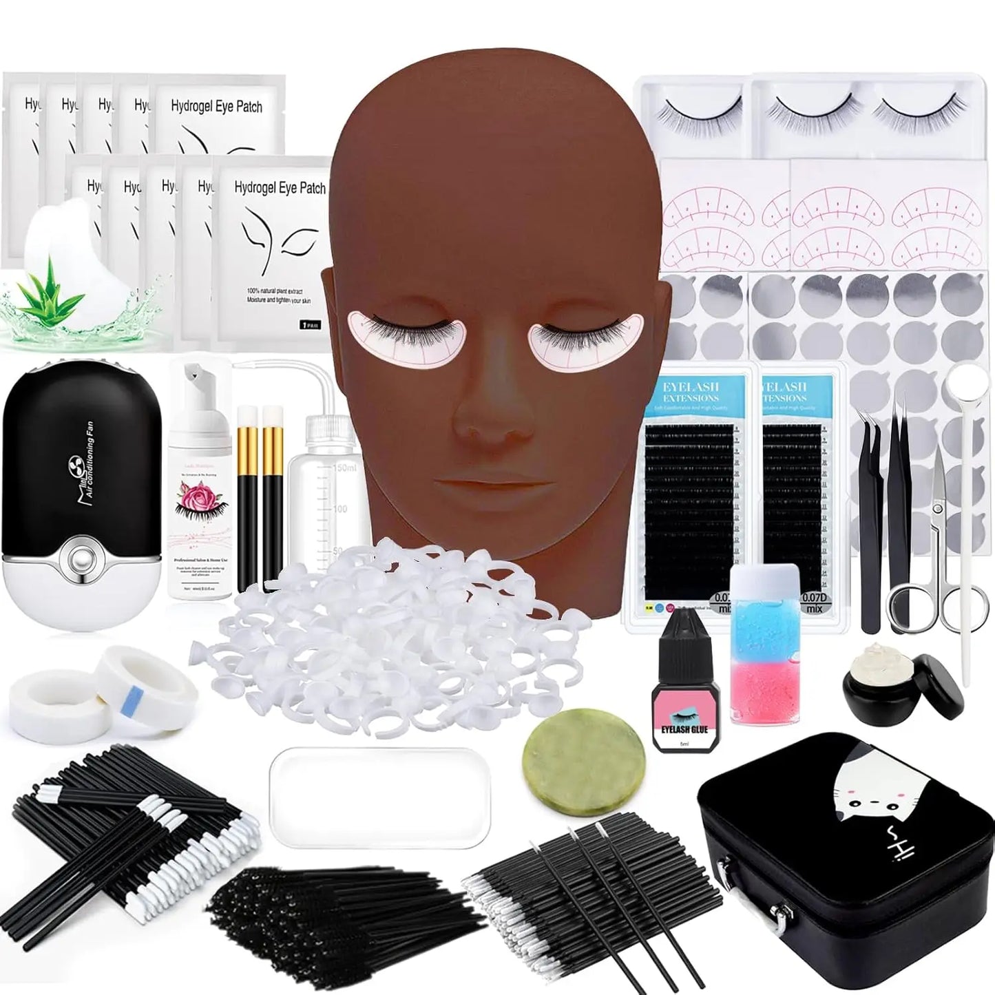 Professional Eyelash Extension Kit with Mannequin Head, USB Fan, Shampoo, Glue & Practice Strips for Beginners