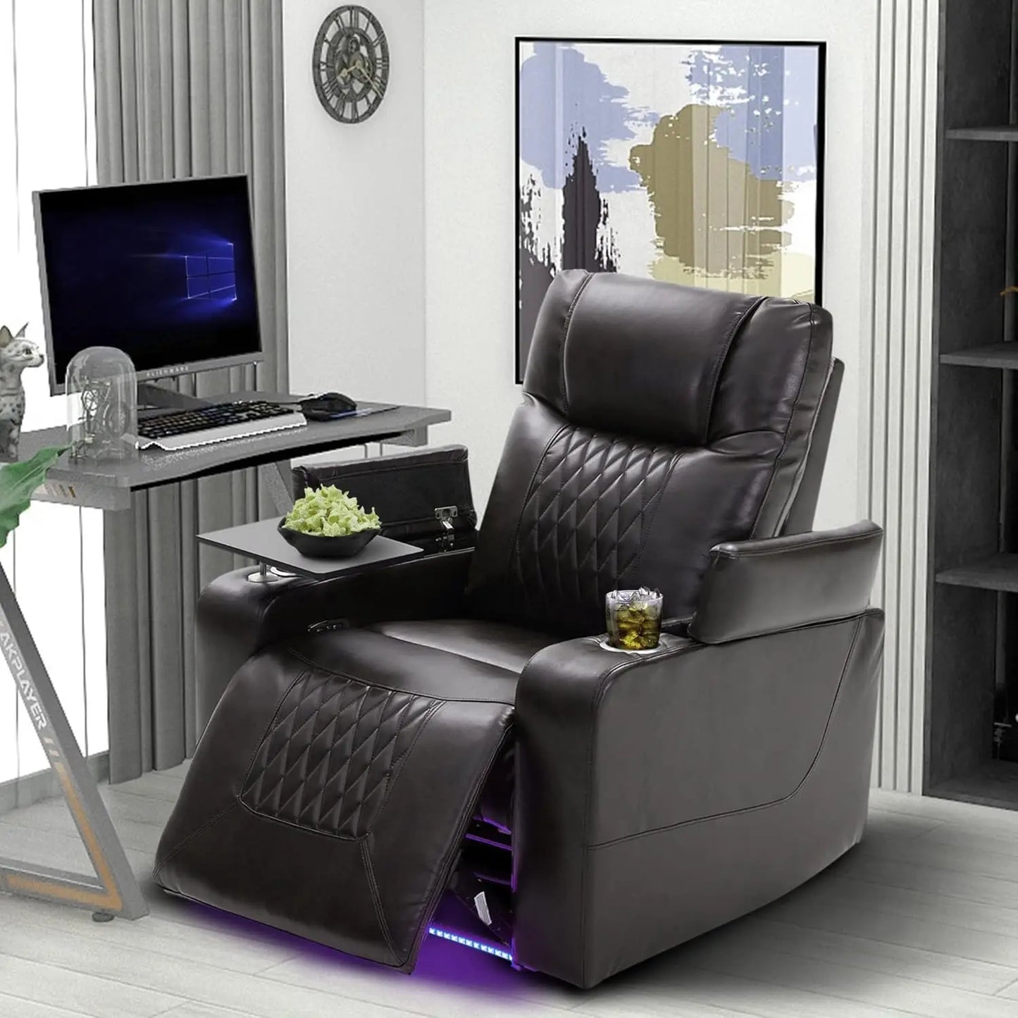 270 Degree Swivel PU Leather Power Recliner Individual Seat Home Theater Recliner with Comforable Backrest, Tray, Customized
