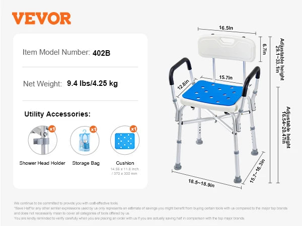 SucceBuy Shower Chair Seat with Padded Armrest and Back for Shower Bathtub Adjustable Height Bath Chair for Elderly Disabled