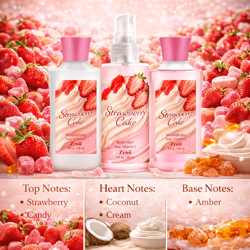 Strawberry Cake, Peach And Rose Bath Set - 88ml Shower Gel, Lotion And Body Mist, Fresh Moisturizing Gift for Her
