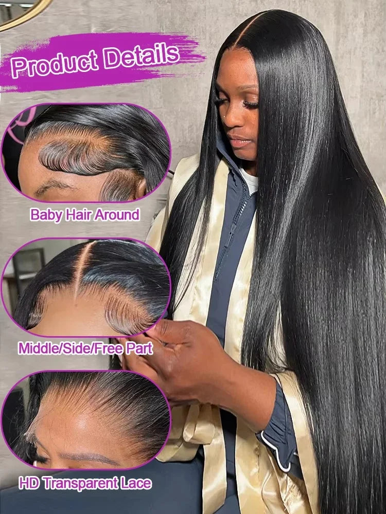 40 46 Inch Bone Straight Lace Frontal Wig 13x4hd Human Hair Wigs 13x6 Hd 200% Density Long Straight Transparent Lace Frontal Wig