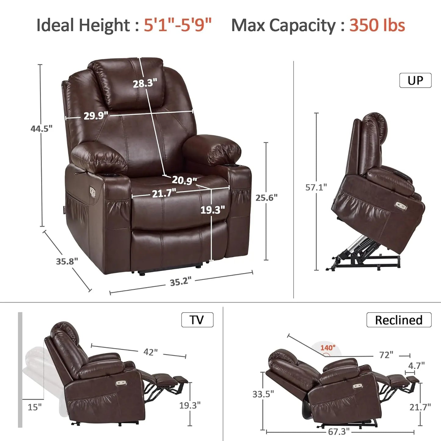 Electric Power Lift Recliner Massage Heat 3 Positions 2 Pockets Cup Holder USB Faux Leather Medium, Custom