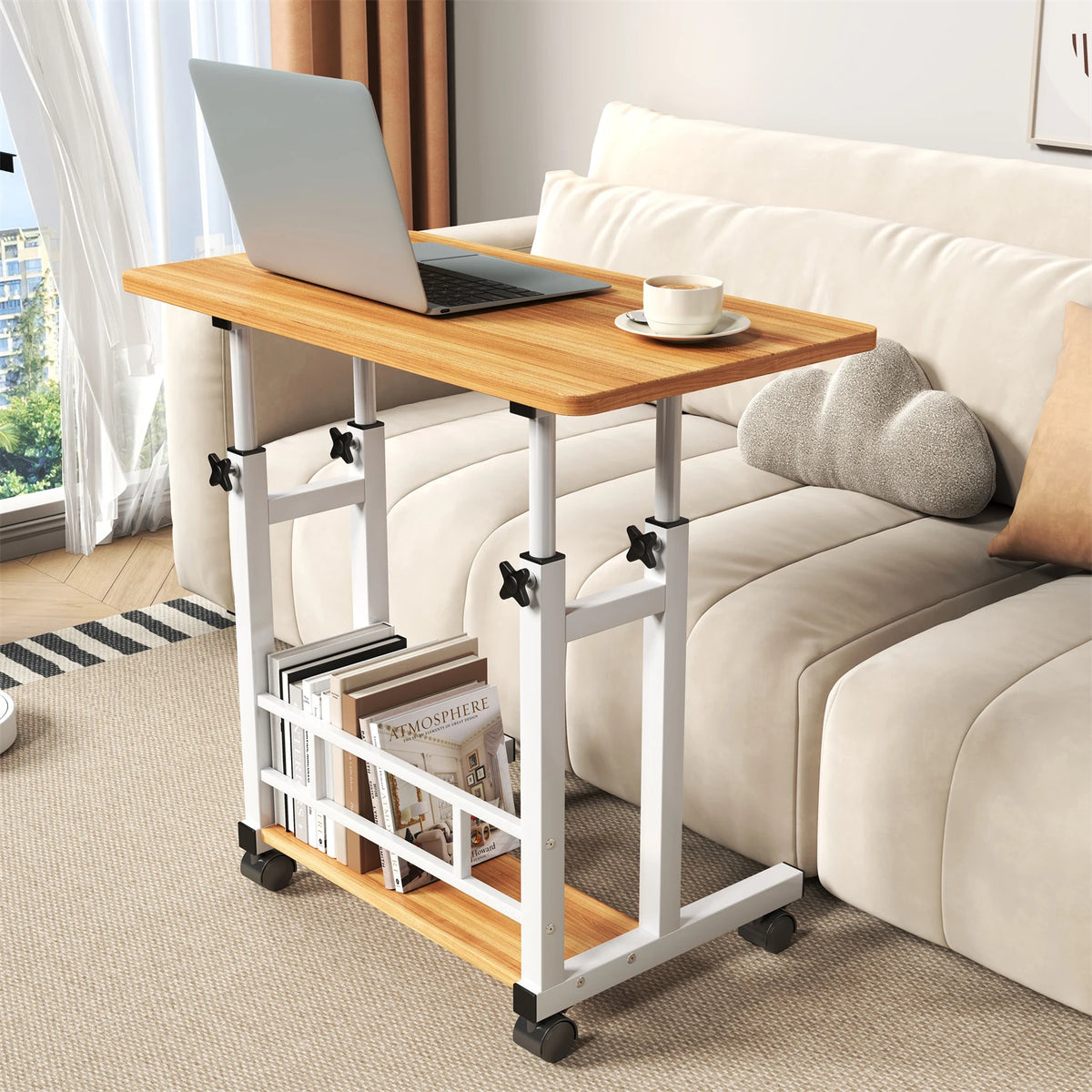 Adjustable Height Mobile Standing Desk, 80.0 cm x 40.0 cm Rolling Laptop Table with Storage Basket, Portable Sit to Stand Workstation with Locking Casters for Small Spaces, Home Office, Black