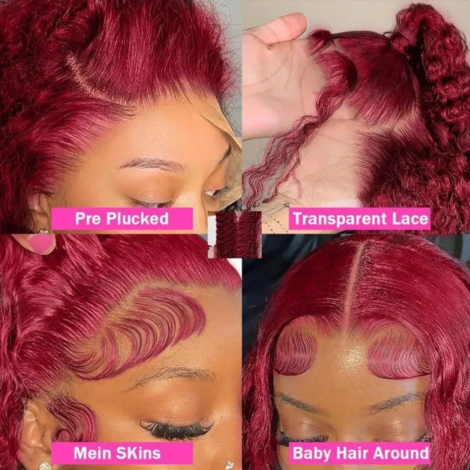 13X6 Hd Lace Frontal Wigs 99J Burgundy 250 Density Deep Wave Human Hair Wigs 100% Human Hair For Women Pre Plucked Brazilian Wig
