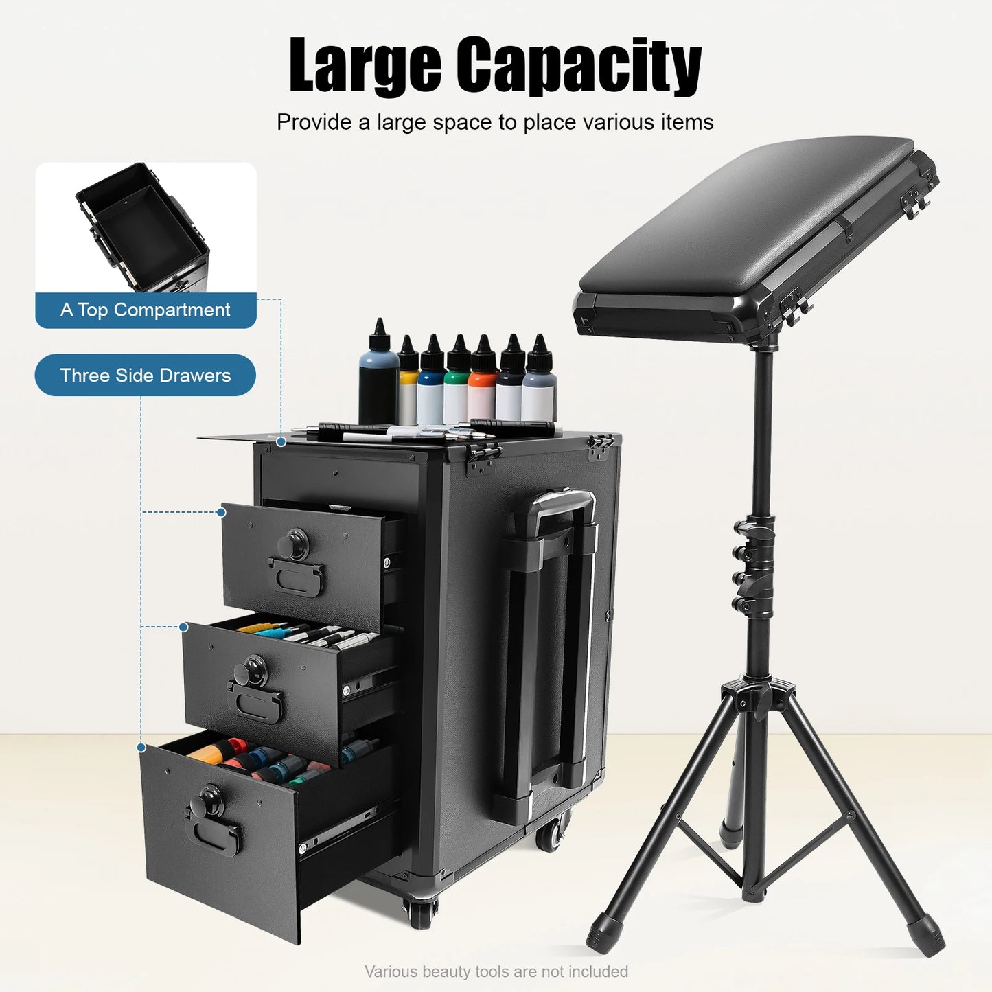 Rolling Cosmetic Case, Makeup Train Case, Tattoo Case, Metal Plate Tool Box with Adjustable Tripod, Nail Art Storage, High Capacity Organizer, PU Manganese Steel, Multi-drawer Workstation, Portable Salon Trolley for Hairstyli