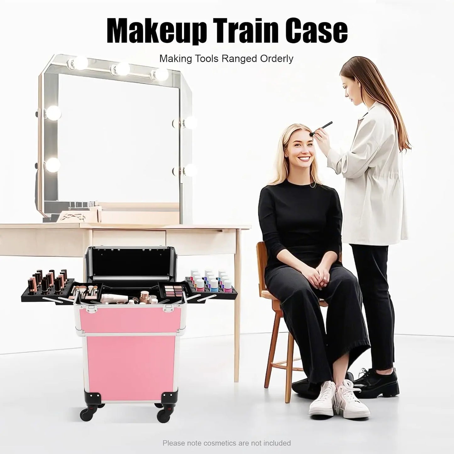 Professional Rolling Makeup Train Case w/Drawer,Cosmetic Case Trolley w/Locks,Large Cosmetic Trolley Cosmetics Storage Organizer