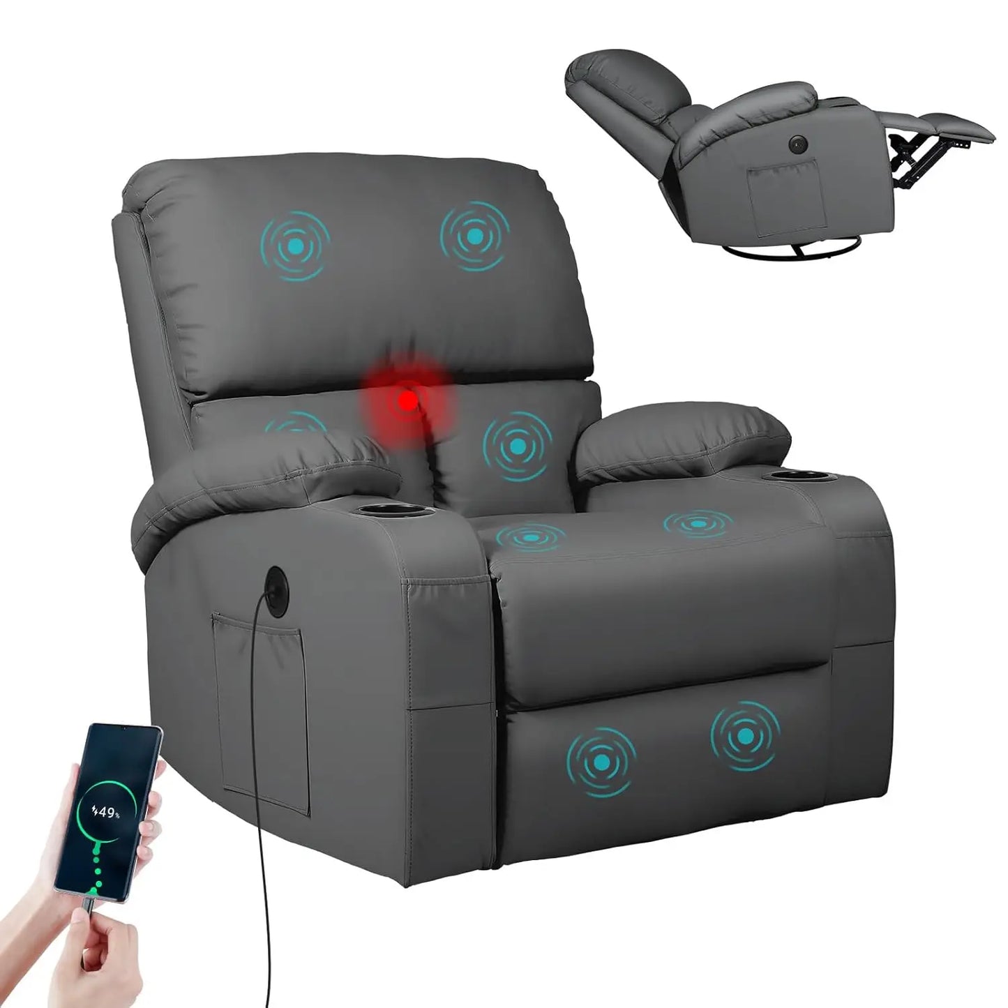 360° Swivel Rocking Recliner Chair with Massage, Heat, USB & Type-C Ports, Comfortable Lounge Seat, Customized