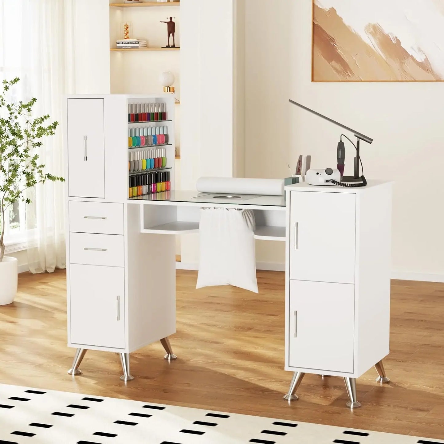 Glass Top Manicure Table w/ Dust Collector, Storage Drawers & Cabinets, Nail Desk for Salon, White, Custom