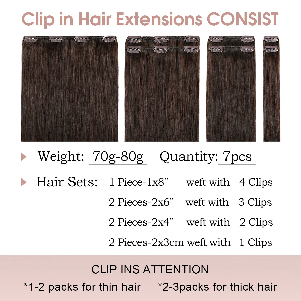 Dark Brown 2# Real Human HairClip-in Human Hair Extensions 7Pcs Straight Remy 70-80g Hair Quick And Easy Hair Length And Volume