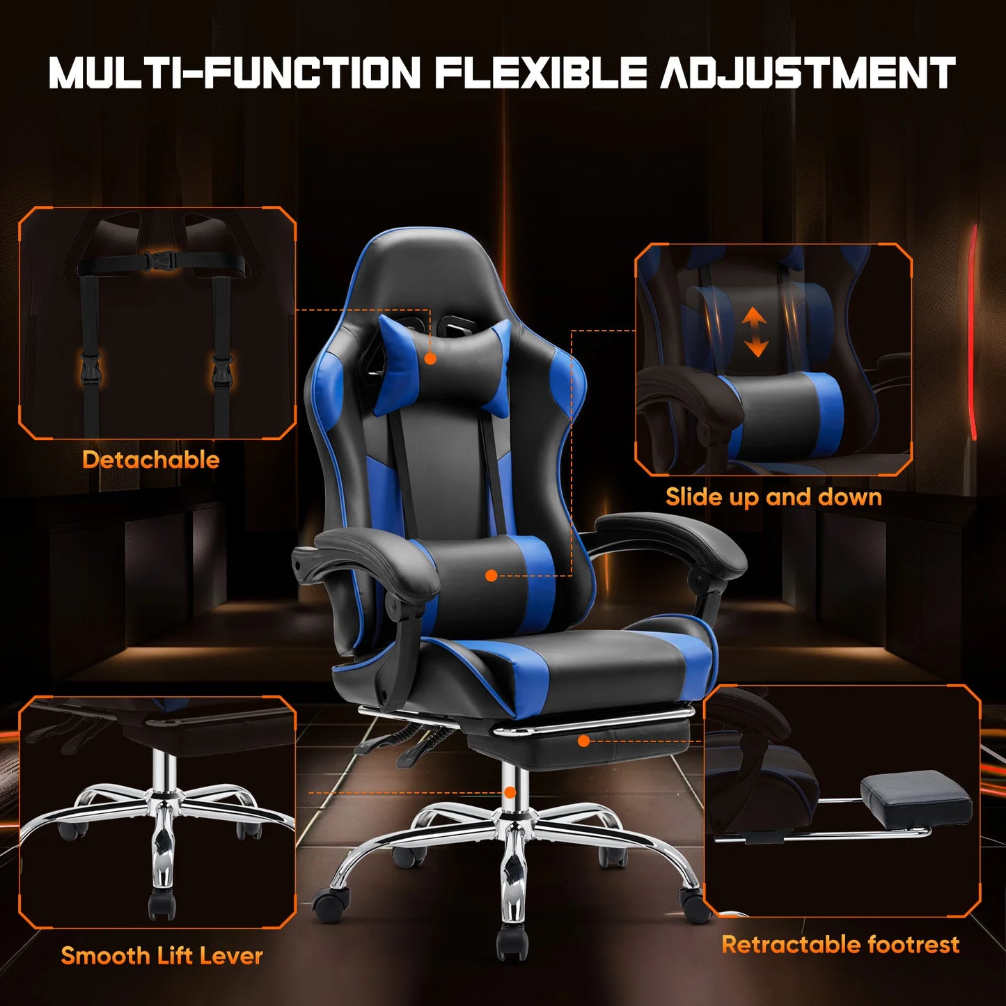 JHK Ergonomic Racing Gaming Chair PU Leather With Headrest Lumbar Support