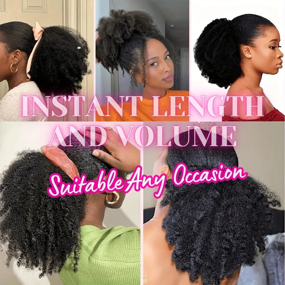14 Inch Synthetic Afro Kinky Curly Drawstring Ponytail Short Marley Hair Drawstring Ponytail Afro Puff Bun Ponytail Braiding Hair Pony Tail With Clips Synthetic Hair Extension For Women