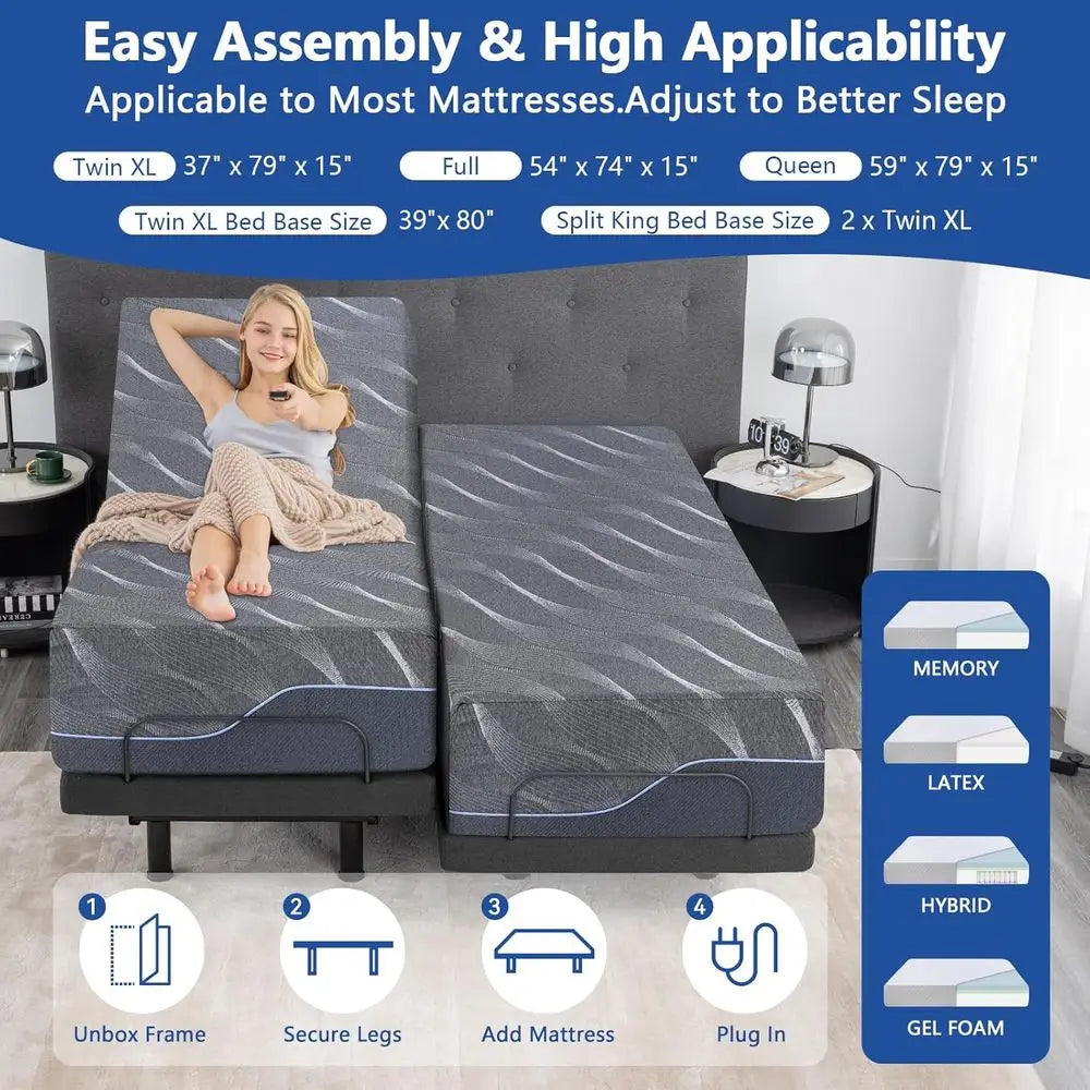 Split King Adjustable Bed e with Massage, 14 Inch Grey Gel Memory oam Medium irm Mattrin Box, Bed Base with Thickened oam e, Adj