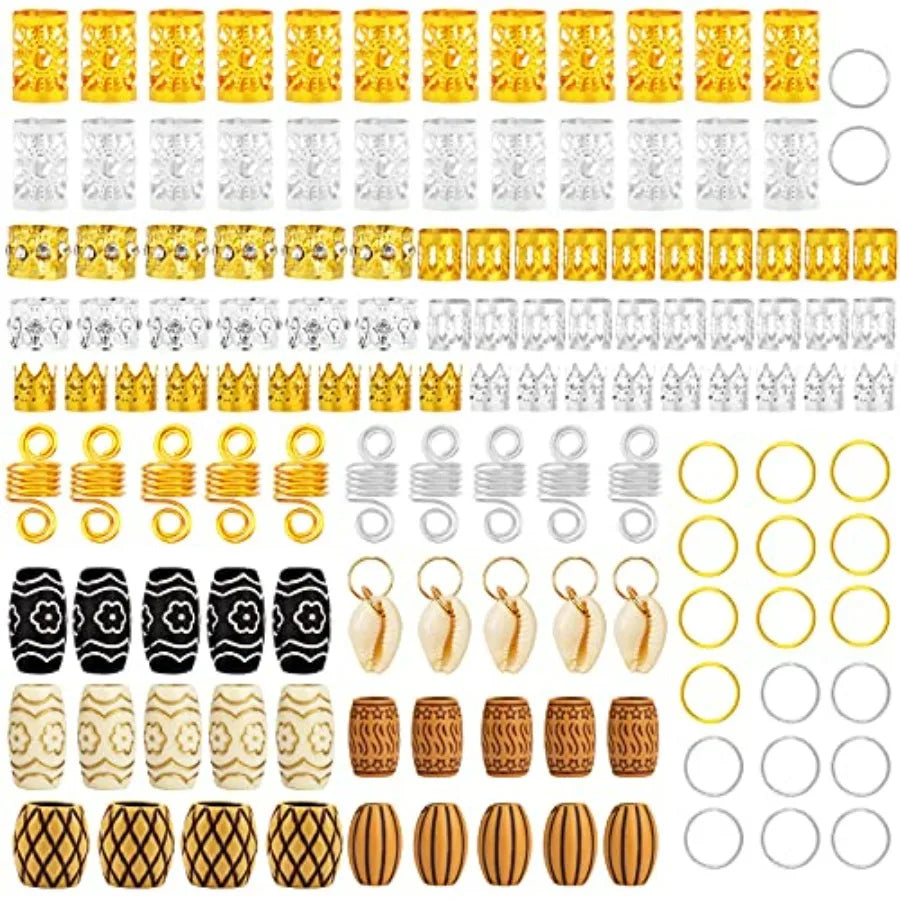 133 PCS Hair Jewelry for Braids Gold Hair Cuffs for Locs Hair Coils Rings Dreadlock Accessories Shells Imitation Wood-Like Hair