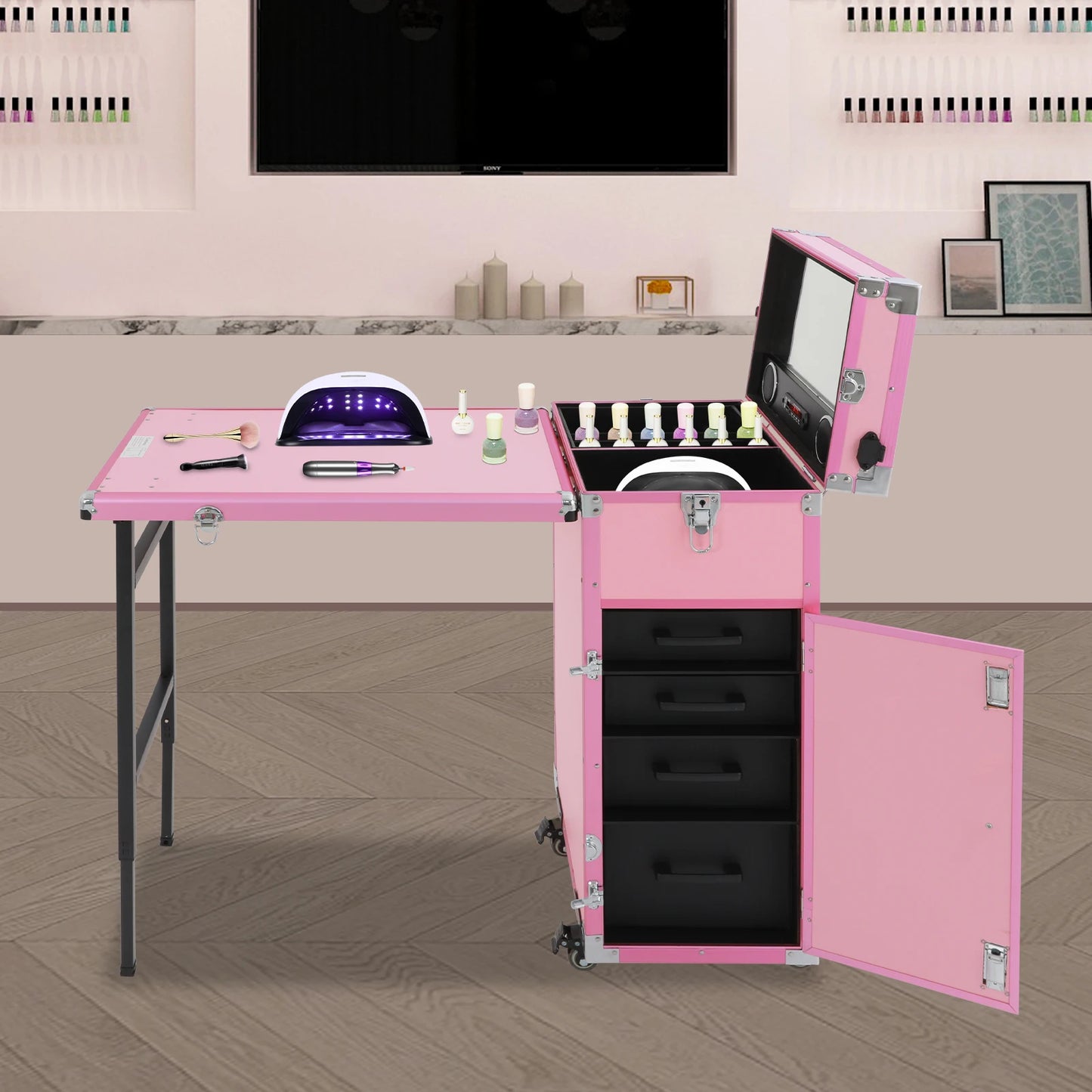 Rolling Manicure Makeup Table with 2 Built-In Bluetooth Music Speakers Portable Mirror Remote Control Professional Makeup Case